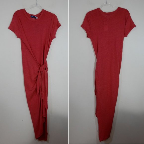 POLO Ralph Lauren Maxi T-shirt DRESS Size S Red LINEN Knot Detail Gathered NEW - Picture 5 of 8